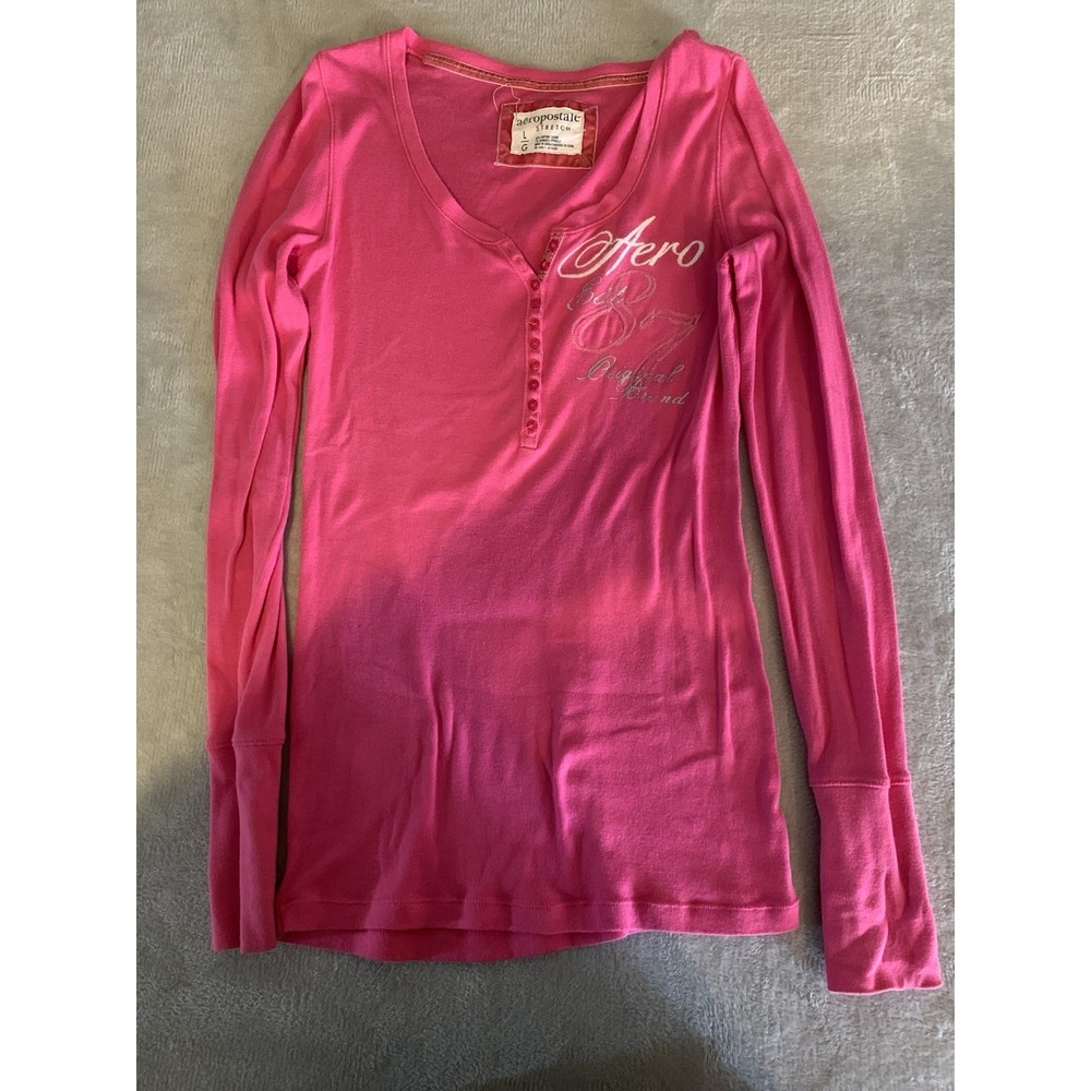 Vintage Aeropostale 1987 Pink White Cotton Y2K Blend Henley Button Up Stretch LG